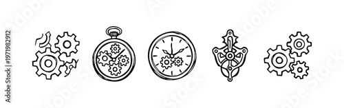 Hand-drawn icons featuring gears, clocks, and mechanical elements, symbolizing time, engineering, and complexity.