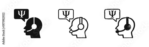 Virtual Mental Health Counseling Icon Set - Headset with Psi Symbol and Speech Bubble