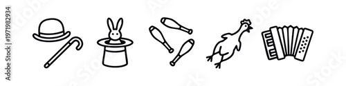 Clean line art icons for a whimsical performance: bowler hat, rabbit in hat, juggling clubs, rubber chicken, and accordion.