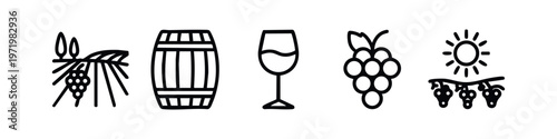 Clean line art icons illustrating winemaking: vineyard, wine barrel, wine glass, grapes, and sun over grapevines.