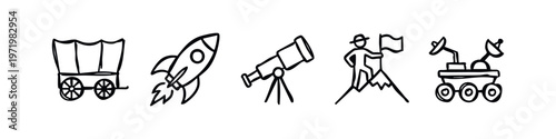Hand-drawn icons of exploration and discovery: covered wagon, rocket, telescope, flag on mountain, and Mars rover.