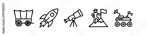 Clean line art icons symbolizing exploration and discovery: covered wagon, rocket, telescope, flag on mountain, and Mars rover.
