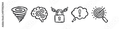 Problem Solving and Idea Generation Hand-Drawn Icon Set: Brainstorming, Security, Focus, and Complexity