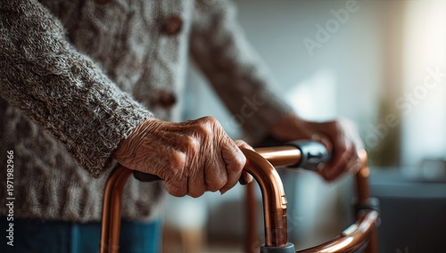 Elder hands gripping a walker for support and mobility