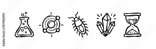 Hand-Drawn Science and Nature Icons: Research, Time, Biology, Chemistry, and Discovery
