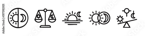 Clean outline sun and moon icons set. Vector day, night, balance, and celestial concepts symbols.