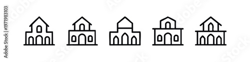 Clean outline building and church illustrations set. Vector architectural structures with arches.