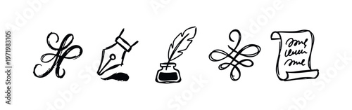 Hand-drawn sketchy writing and calligraphy icons set. Quill, inkwell, pen nib, flourish, and scroll symbols.