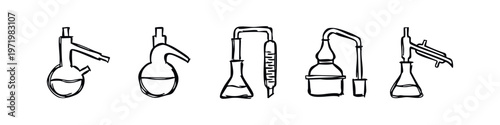 Hand-drawn sketchy chemistry lab glassware illustrations set. Doodle scientific beakers and flasks.