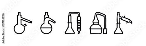 Clean outline chemistry lab glassware illustrations set. Vector scientific beakers and flasks.