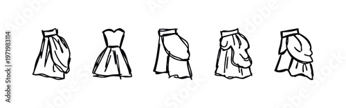 Hand drawn collection of various women's skirts and dresses. Fashion design sketch elements.