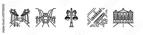 Urban landscape and city elements icons set. Outline style street, transport and architecture symbols.