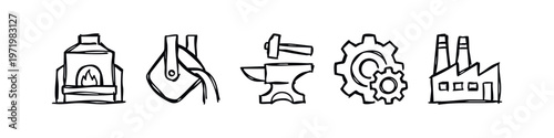 Hand drawn industrial and metallurgy icons set. Sketch style factory, furnace, anvil and gear symbols.