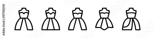 Collection of women's dresses icons. Minimalist line art fashion design elements.