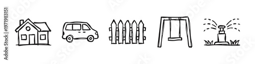 Hand drawn home and suburban elements icons set. Sketch style house, car, fence, swing and sprinkler symbols.