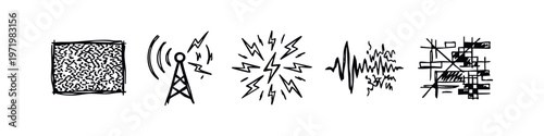 Hand drawn communication and signal icons set. Sketch style technology, data and energy symbols.
