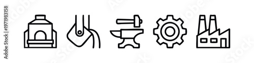 Industrial and metallurgy icons set. Outline style factory, furnace, anvil and gear symbols.