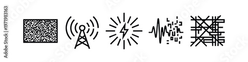 Communication and signal icons set. Outline style technology, data and energy symbols.