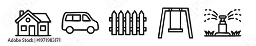 Home and suburban elements icons set. Outline style house, car, fence, swing and sprinkler symbols.