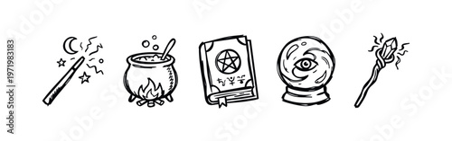Hand drawn magic and witchcraft icons set. Sketch style fantasy, occult and mystical symbols.
