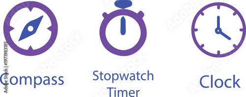 Flat Time and Navigation Icon Set Featuring Compass Stopwatch Timer and Clock Vector Design