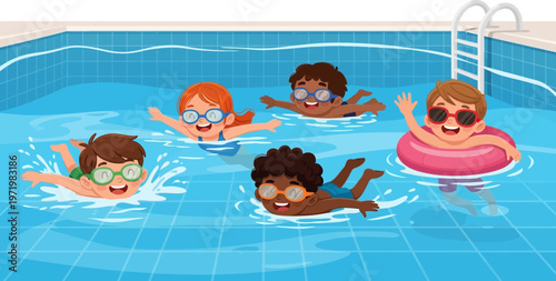 Happy diverse children joyfully swimming and playing in a bright blue outdoor pool during summer.