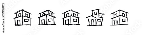 Hand drawn two-story house buildings collection. Sketch style residential architecture.