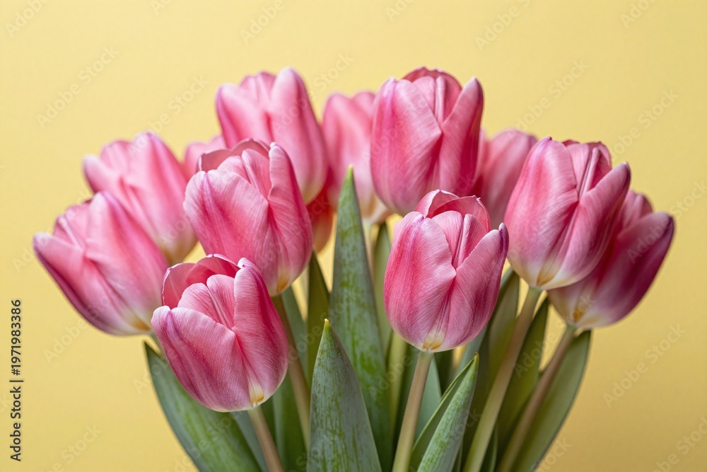 Fototapeta premium A bunch of pink tulips on a yellow background