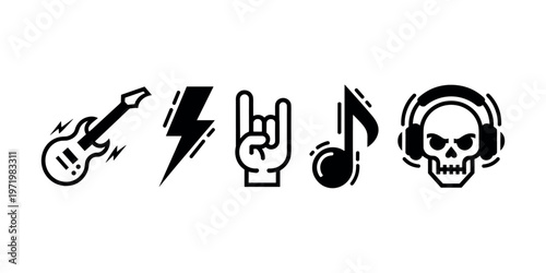 Foto Rock Music Icons Set Electric Guitar Lightning Bolt Hand Gesture Note Skull Head