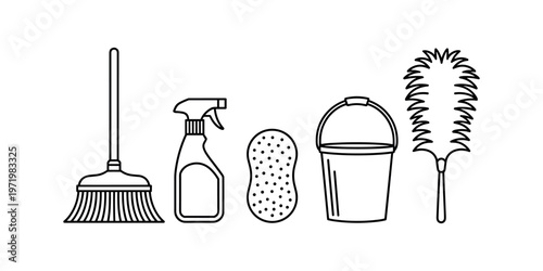 Cleaning Tools Icons Set Broom Spray Bottle Sponge Bucket Duster Vector Line Illustration