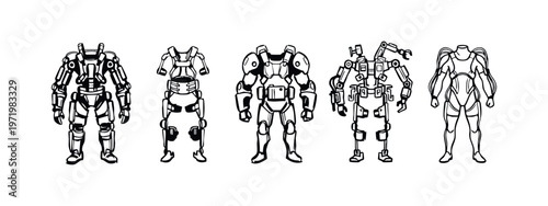 Hand Drawn Sci-Fi Exoskeleton and Robotic Suit Icons - Sketchy Cyberpunk Armor and Future Technology