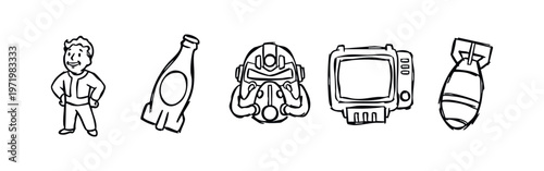 Hand Drawn Post-Apocalyptic Video Game Icons Set - Sketchy Fallout Inspired Characters and Items