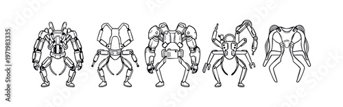 Clean Line Art Icons of Sci-Fi Exoskeleton and Robotic Suits - Cyberpunk Armor and Future Technology Vector Set