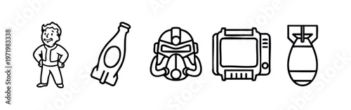 Clean Line Art Icons of Post-Apocalyptic Video Games - Fallout Inspired Characters and Items Vector Set