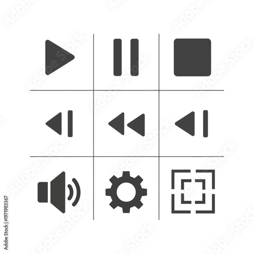 Set of nine media player control icons for user interface.