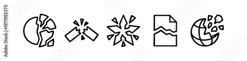 Clean Line Icons Representing Breakdown, Crisis, and Fragmentation