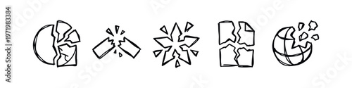Hand Drawn Broken and Fragmented Objects Icons Set - Sketchy Destruction, Crisis, and Damage Symbols
