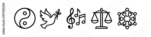 Line Art Icons Representing Spirituality, Peace, Music, Justice, and Dharma