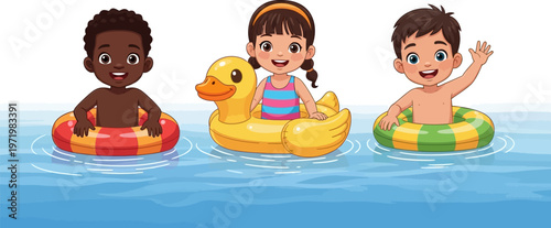 Three happy diverse children enjoying summer fun in the water with colorful inflatable rings and a duck float