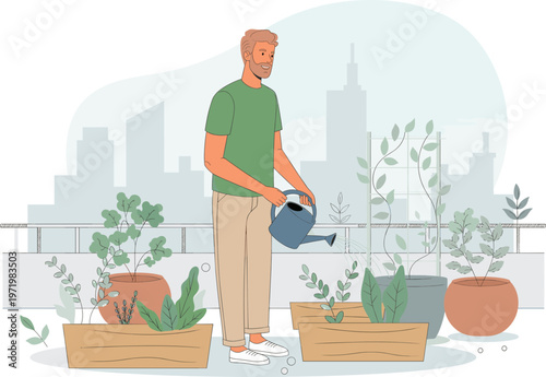 Urban gardener watering plants on a rooftop, cultivating a sustainable green oasis amidst a city skyline. Eco-friendly city living scene