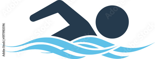 Minimalist vector illustration of a swimmer in blue water, depicting a person doing front crawl stroke on a clean background.