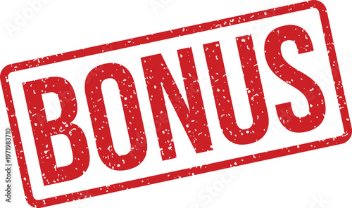 Distinctive red grunge effect rubber stamp clearly shows the word BONUS on a clean white surface