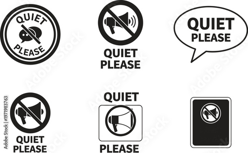 A collection of quiet please signs and symbols on a white background