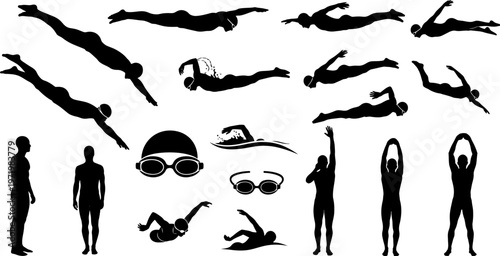 Dynamic collection of black silhouette swimmers in various poses and swimming gear on a clean white background