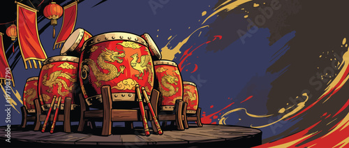 Chinese New Year Dragon Drums and Lanterns Celebration