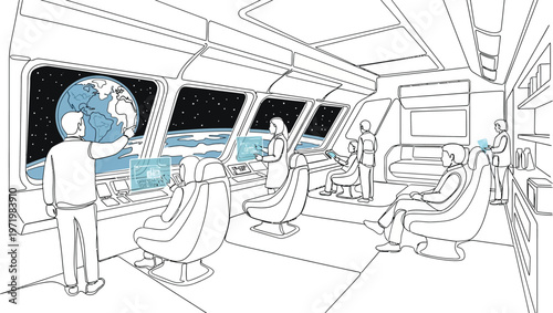 space station interior with astronaut looking at earth