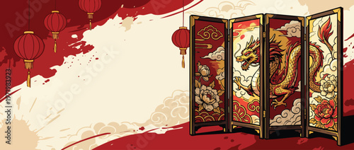 Chinese New Year Festive Screen with Dragon and Lanterns Design