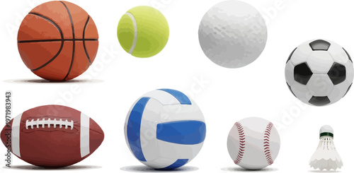 A diverse collection of various sports balls and equipment, including a shuttlecock, isolated on a pristine white background.