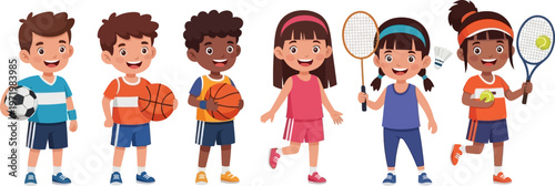 Happy diverse children playing various sports, including soccer, basketball, badminton, and tennis, in a cheerful vector illustration.