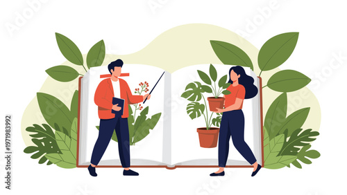 Two botanical experts or students studying plant biology and gardening inside a large open book surrounded by lush tropical leaves.
